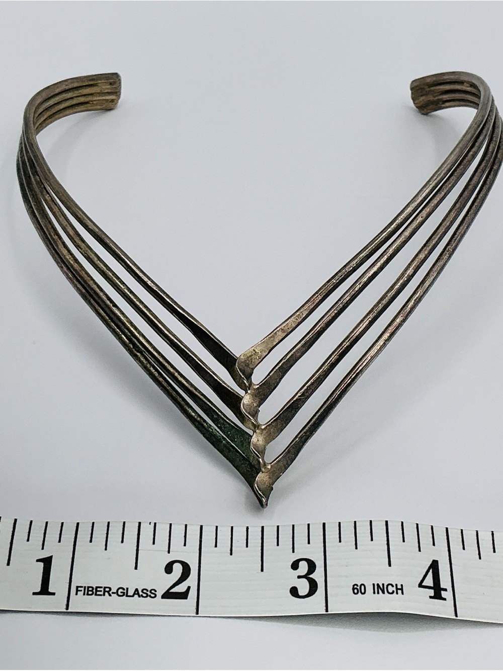 Vintage Necklace Silver Metal Collar Choker Chevron Twisted Metal Brutalist V - Picture 12 of 13